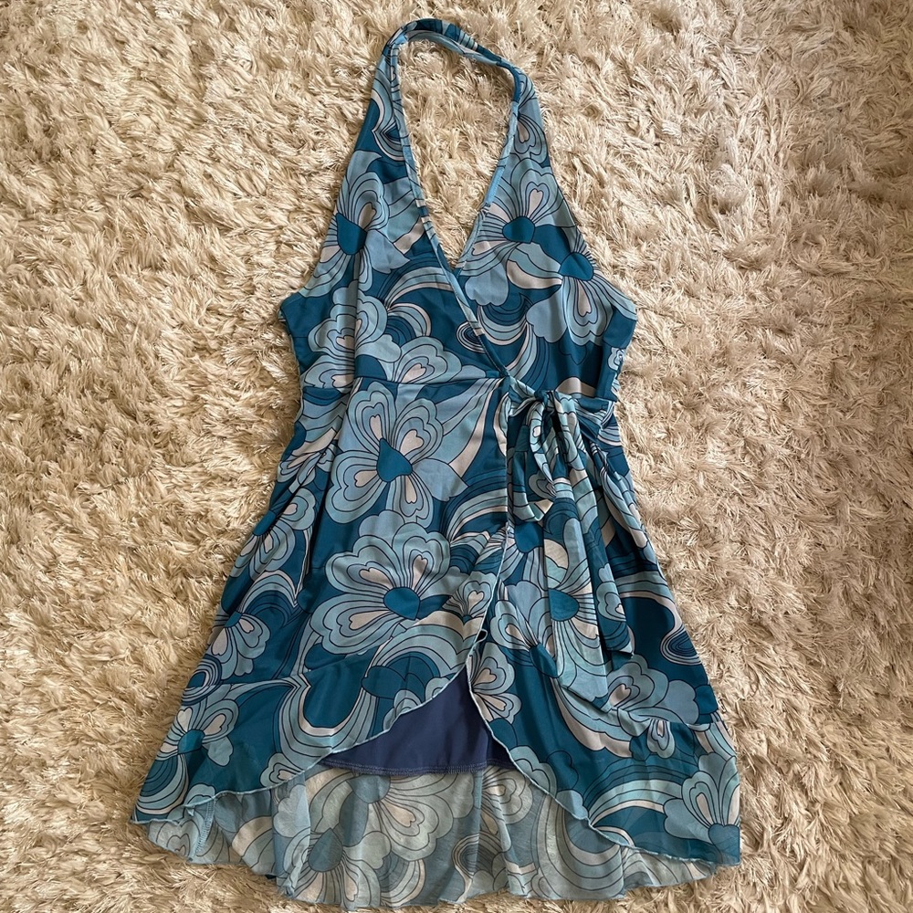 Urban Outfitters UO Blue Retro Halter Flowy Wrap Mesh Dress- Size Medium M- NEW